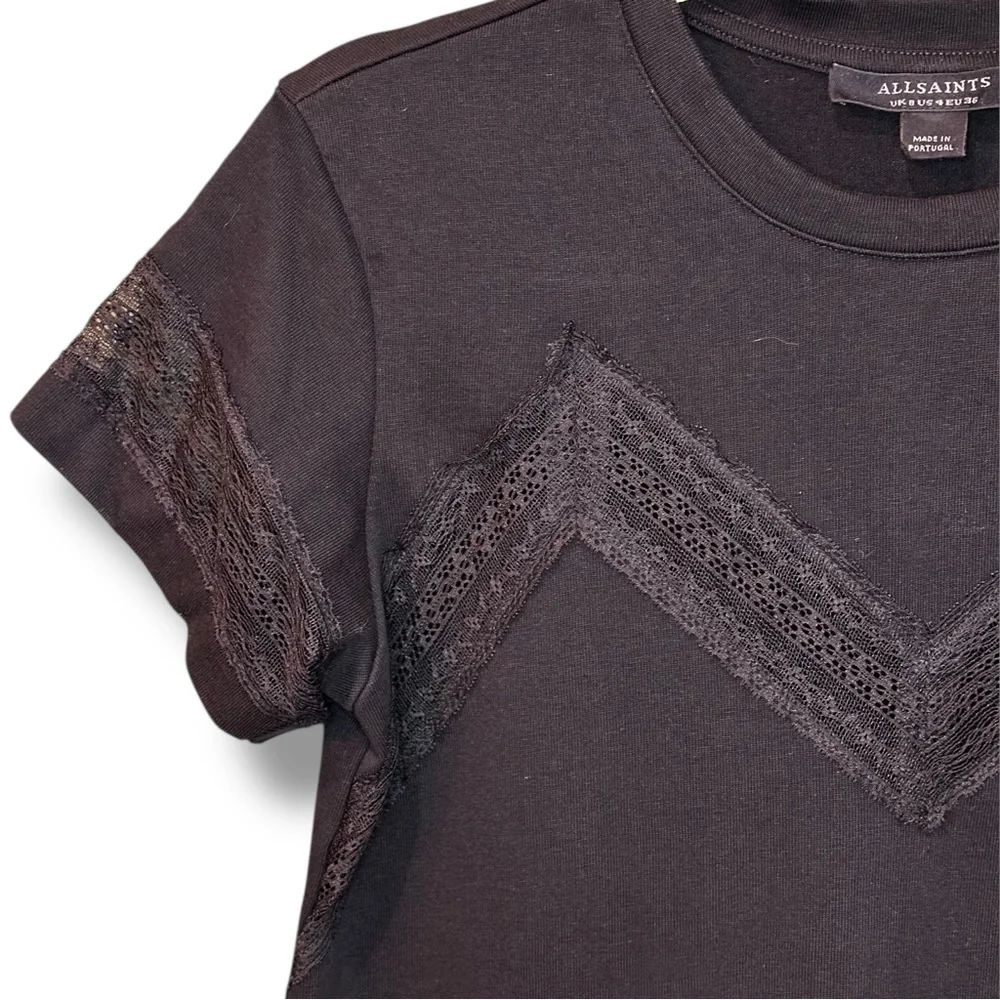 All Saints- Black 100% Cotton Lina Lace T-Shirt - Size US4, UK8, EU36 - Picture 5 of 9